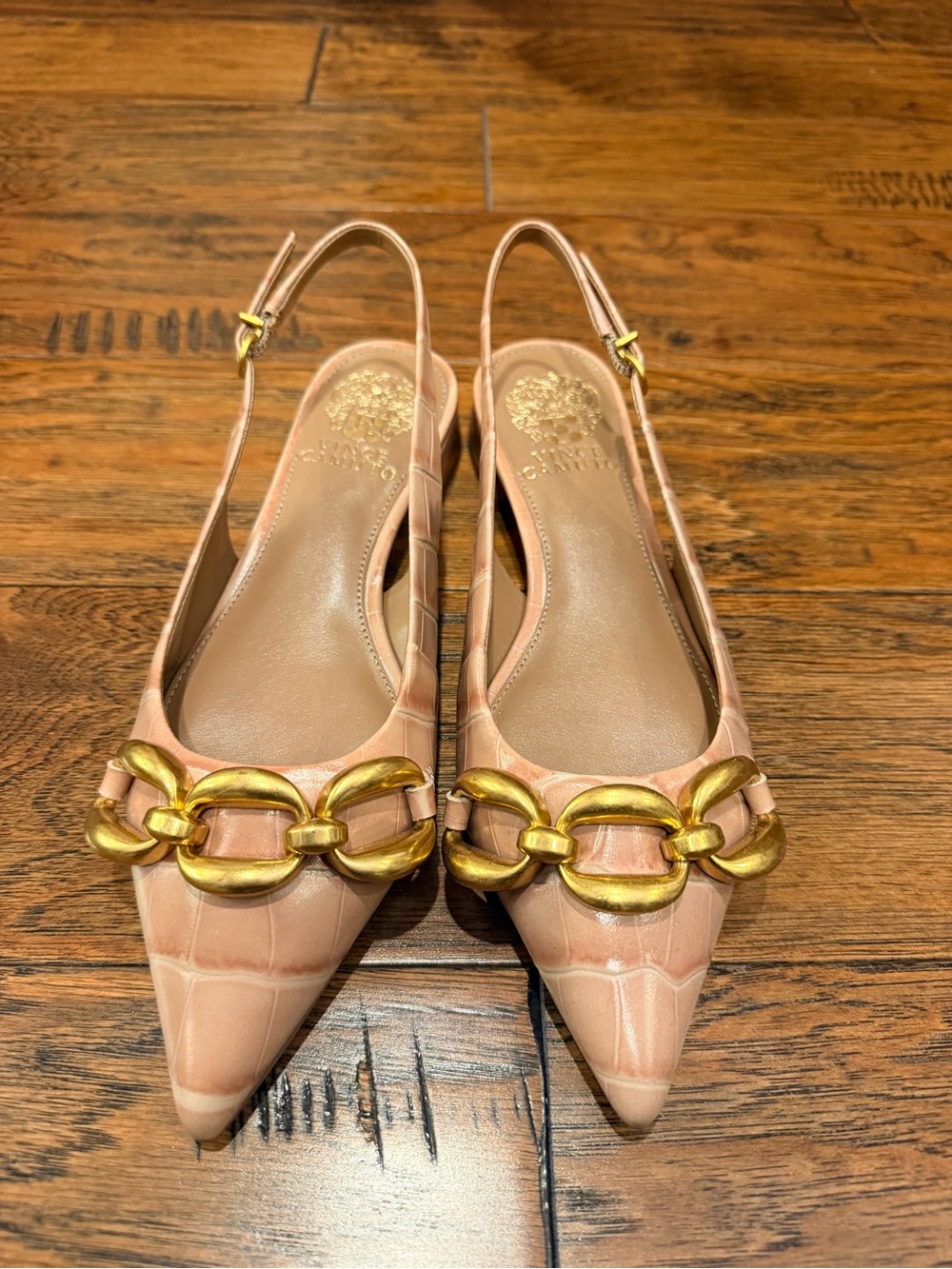 Vince Camuto Nude Pink Croc-Embossed Pointed Slingback Flats with Gold Chain